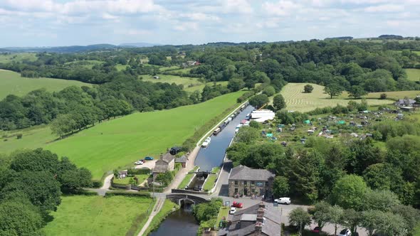 Aerial footage over the Leeds Liverpool canal in Lancashire