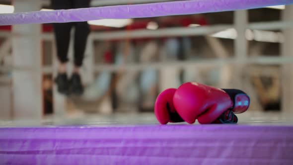 Boxing Gloves  Young Attractive Woman in Sport Clothes Jumping Over the Rope on the Background