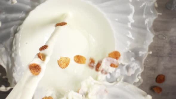 Milk and Cornflakes are Flowing Into a Plate and Spilling Throughout the Table in Slow Motion