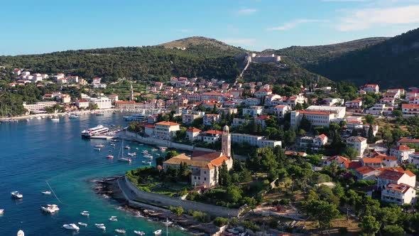 Hvar island, Croatia. Aerial view at the town. Vacation and adventure. Town and sea. 