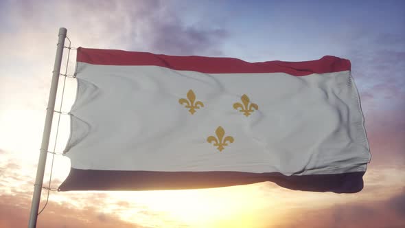 Flag of New Orleans City of United States of America Waving in the Wind Sky and Sun Background