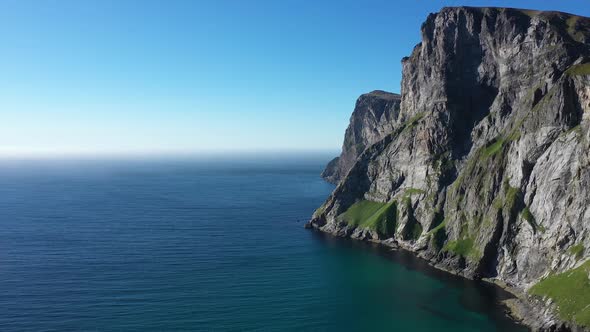 Drone flight above Atlanic ocean ,Norway,Lofoten Island, view from Kvalvika beach