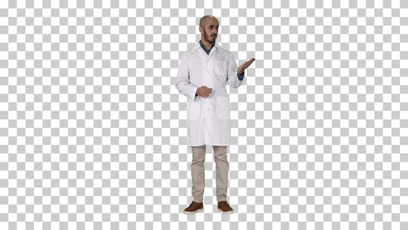 Arab doctor man in medical coat talking and presenting