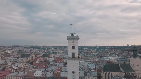 Aerial Panorama of the Ancient European City Lviv, Ukraine. Town Hall, Ratush