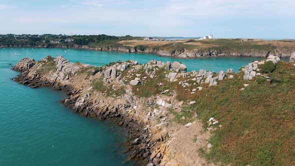 A magnificent small island near a coast in France. Seen from above.