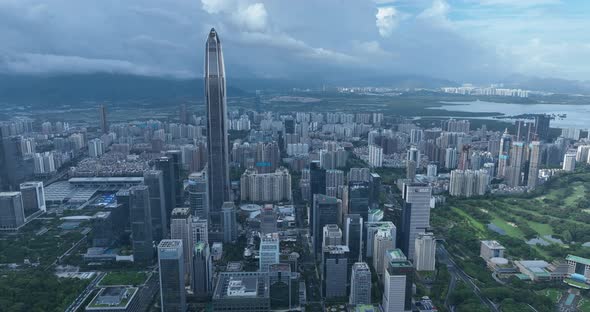 Aerial footage of cityscape and traffic jam during holiday in downtown of shenzhen city, China