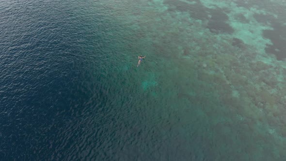 Aerial: woman snorkeling on coral reef tropical caribbean sea Indonesia Sulawesi