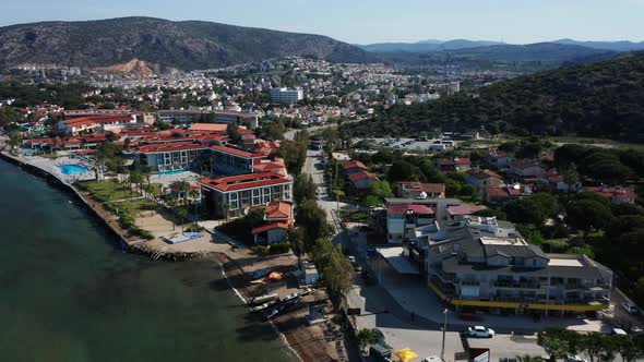 Idyllic resort town on Turkey coastal. Beautiful sunny day at Kusadasi, travel destination - aerial