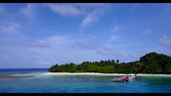 Aerial top down nature of marine lagoon beach adventure by aqua blue water and white sandy backgroun