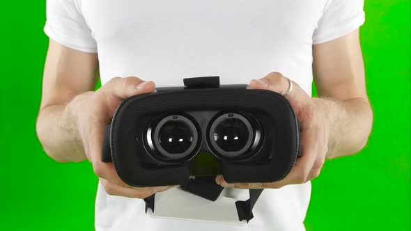 Virtual Reality Mask. Close Up. Green Screen