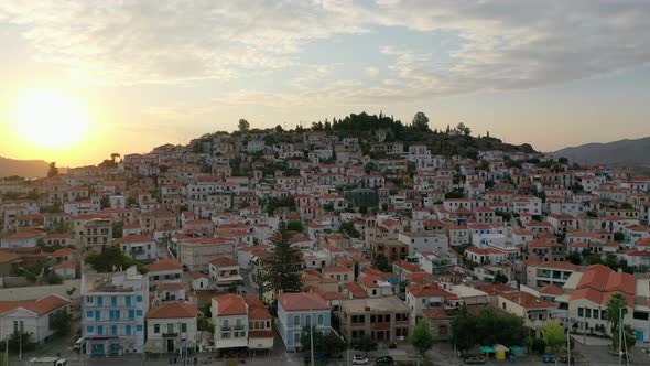 Aerial View of Poros Old Town and Marina or Seaport Greece  Drone Videography