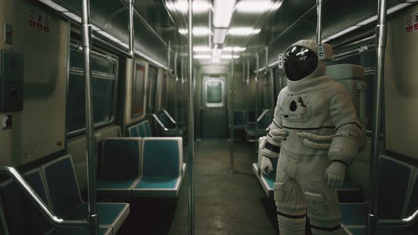 Astronaut Inside of the Old Non-modernized Subway Car in USA