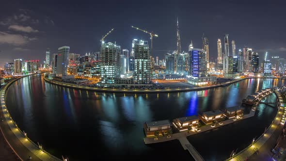 Night City Dubai Near Canal Aerial Timelapse