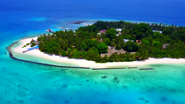 Aerial drone tourism of seashore beach by water and sand background