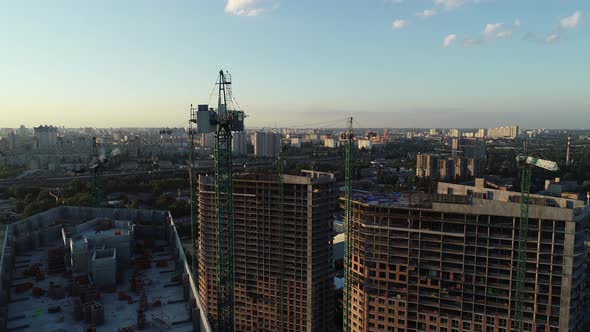 Aerial View of the Construction of a New Modern Residential Complex Near the River Kyiv Ukraine