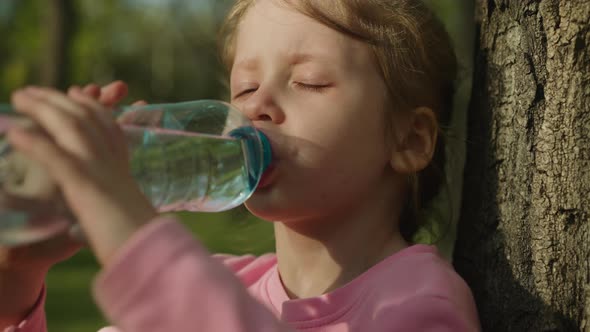 Thirsty Little Child Drinks Clear Fresh Water at Tree Trunk