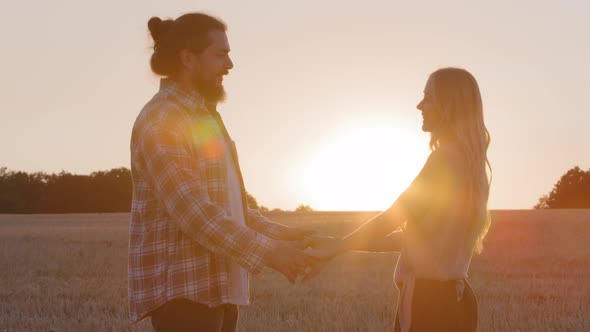 Silhouettes Two People Caucasian Couple Bearded Man Husband Boyfriend Farmer and Young Woman Blonde