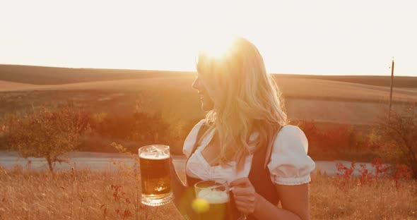 Portrait of Playful Slavic Girl Flirts with Camera and Cheers Two Pints of Beer