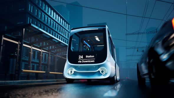 An autonomous electric smart bus in the city. Moder minibus stops at a bus stop.