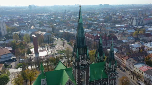 Aerial Video of Saint Olga and Elizaveta Church in Central Part of Old City of Lviv, Ukraine