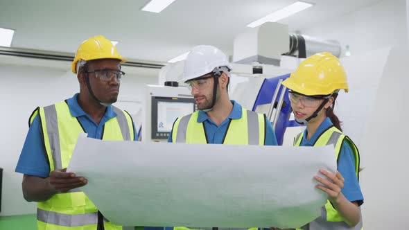 Group of interracial male and female worker people wearing protective hardhat and look at drawing.