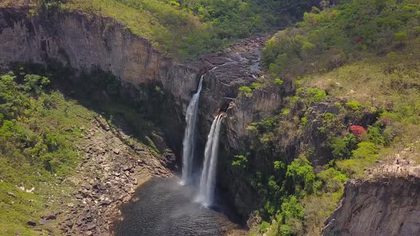 Cachoeira dos Saltos, Chapada dos Veadeiros, Goias, Brazil. Amazing waterfall in Brazil.Drone shot.