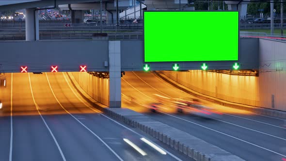 Large Green Screen Billboard on a Busy Highway with Traffic, Timelapse, Moscow, Russia