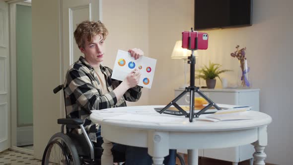 A Disabled Young Man is Talking with Someone and Showing Diagrams