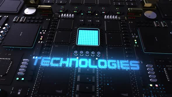 technology header on the background of the chip with a large number of processors. 