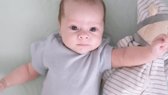 Newborn Baby Boy 3 Months Old Lies in Crib Nursery with Blue Clothes on His Back with Teddy Bear