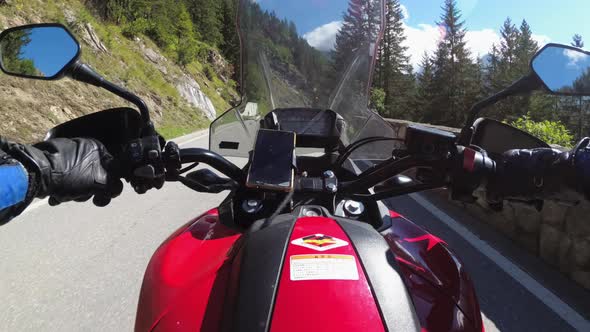 POV Biker Rides on Motorbike By Scenic Green Mountain Road Swiss Alp Moto Trip