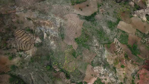 Terraced agricultural fields in Omo Valley, Ethiopia. Aerial view of farming industry, landscape in