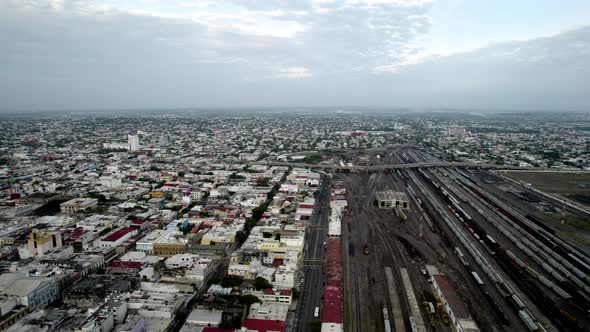 drone shot of the railways arriving at the port of veracruz at dawn