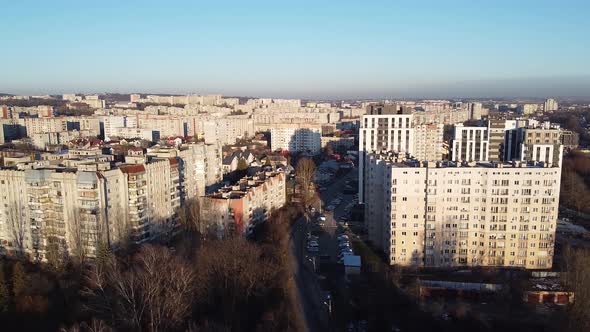 Aerial Top View of Lviv, Ukraine, at Sunset