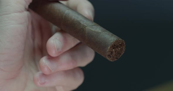 Hand holding and rotating a cigar