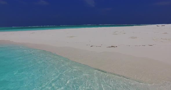 Tropical overhead copy space shot of a white sandy paradise beach and turquoise sea background in co