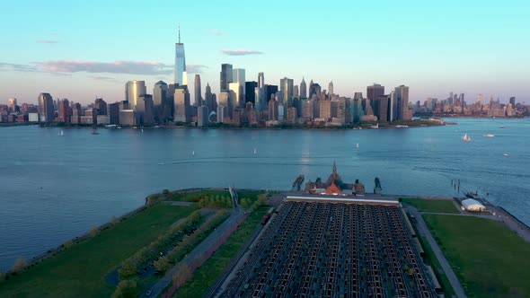 Aerial view on Jersey city and Liberty Park at sunset