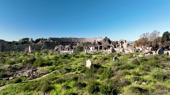 Aerial Footage of the Antique Theater 4 K . Side, Turkey