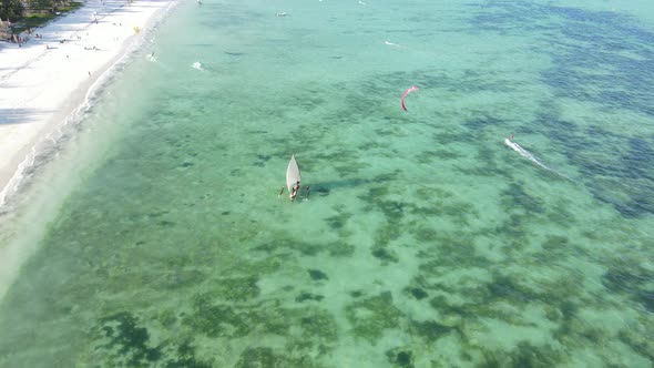 Aerial View of a Boat in the Ocean Near the Coast of Zanzibar Tanzania