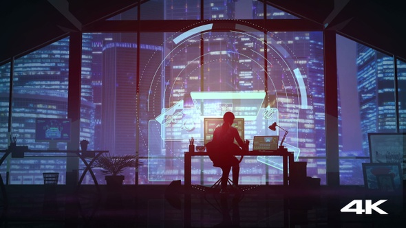 Girl designer in a business office and virtual projection 4K alt