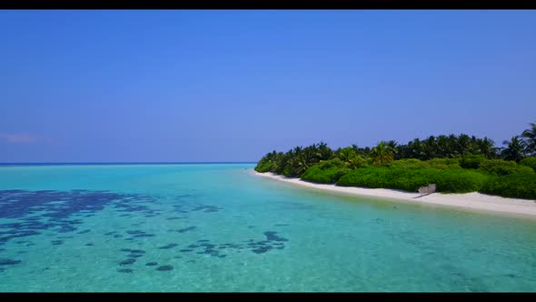 Aerial flying over nature of beautiful shore beach wildlife by blue ocean with white sandy backgroun