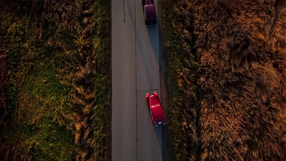 Top View Retro Vintage Car Starts to Drive Down the Road Romance of Travel