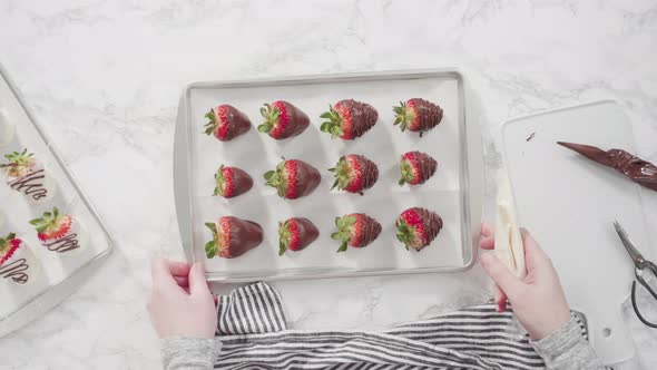 Flat lay. Step by step. Drizzling melted chocolate from pastry piping bag to chocolate covered straw