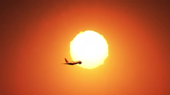 Airplane flying in the sky pass full sun in background.