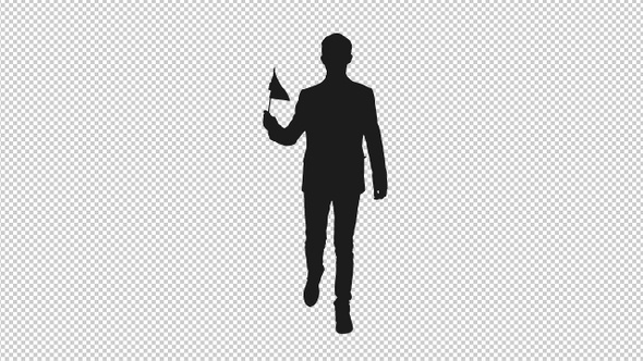 Black and White Silhouette of Young Man in Suit Walking with Waving Flag, Alpha Channel alt