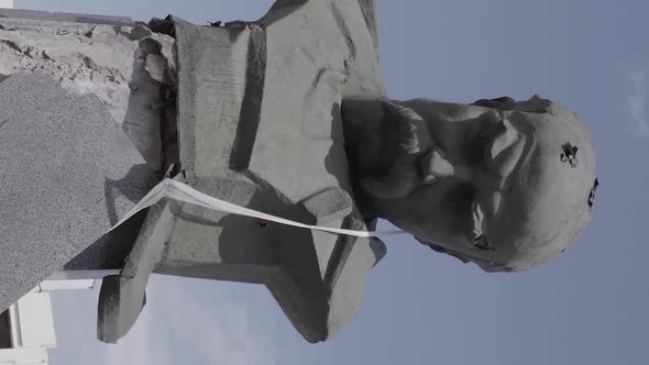 Vertical Video of the Wartorn Shevchenko Monument in Borodyanka Ukraine