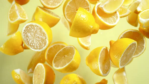 Super Slow Motion Shot of Flying Fresh Lemon Slices Towards Camera at 1000Fps