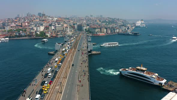 Aerial Hyperlapse of Galata Bridge at Sunset Traffic Lights