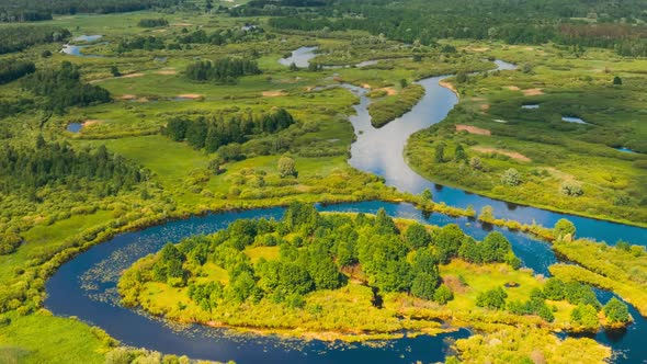 Timelapse Dronelapse Hyperlapse Aerial View Spring Forest Woods And Curved River Marsh