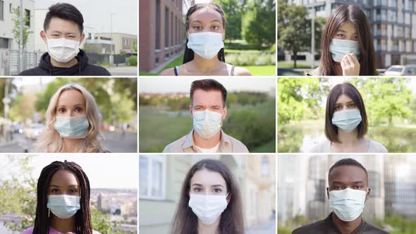 Compilation  Group of Nine Multicultural People with Face Mask Looks at the Camera  Closeup